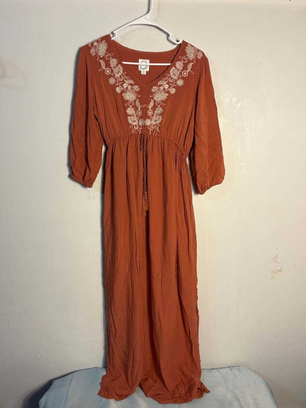 Blue Rain Orange Boho Embroidered V-Neck Maxi Dress Size XS 010-022
